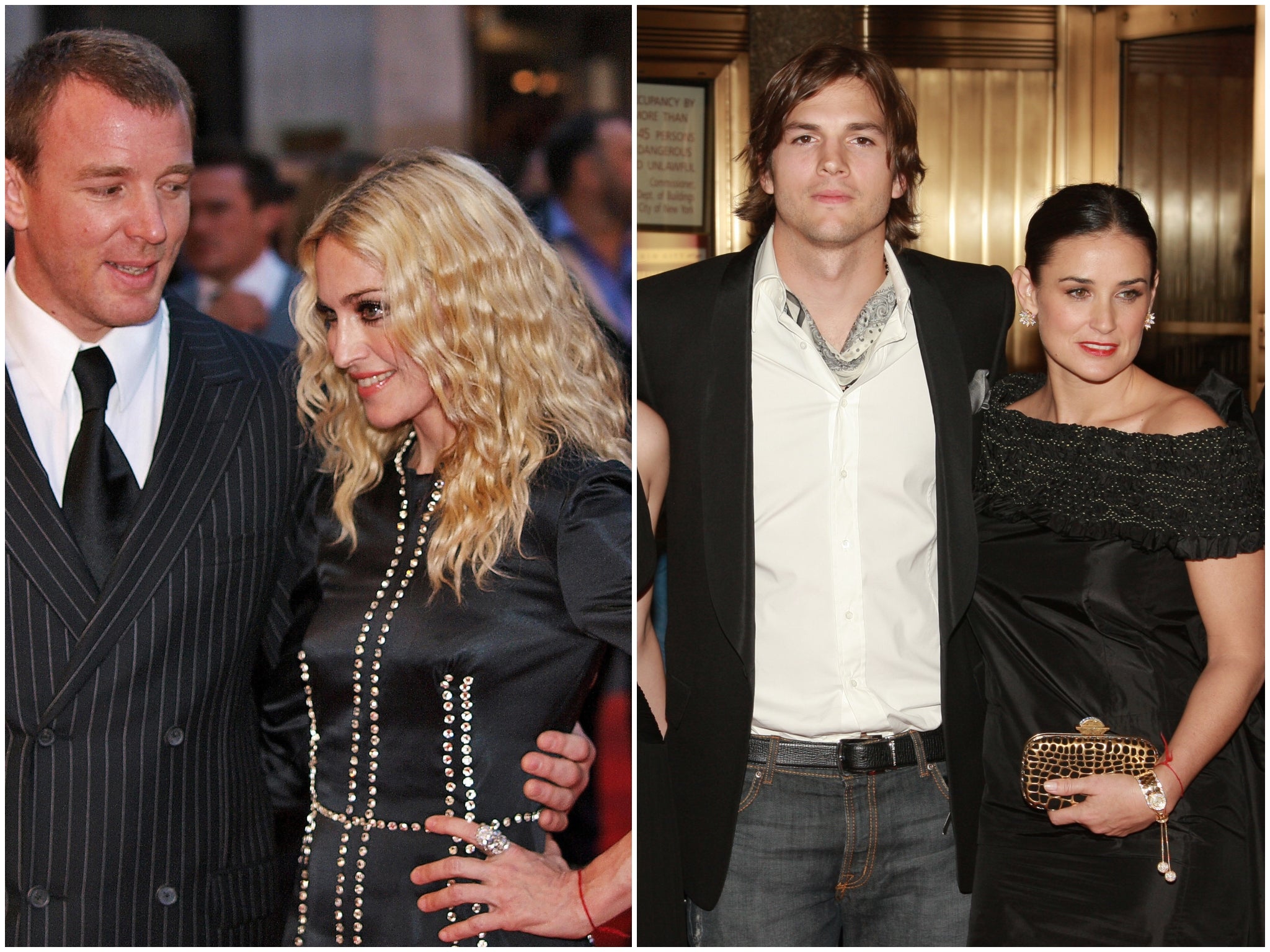 Guy Ritchie and Madonna in 2008 (left) and Adam Kutcher and Demi Moore in 2007 (right). Both Madonna and Moore wear red string on their left wrist