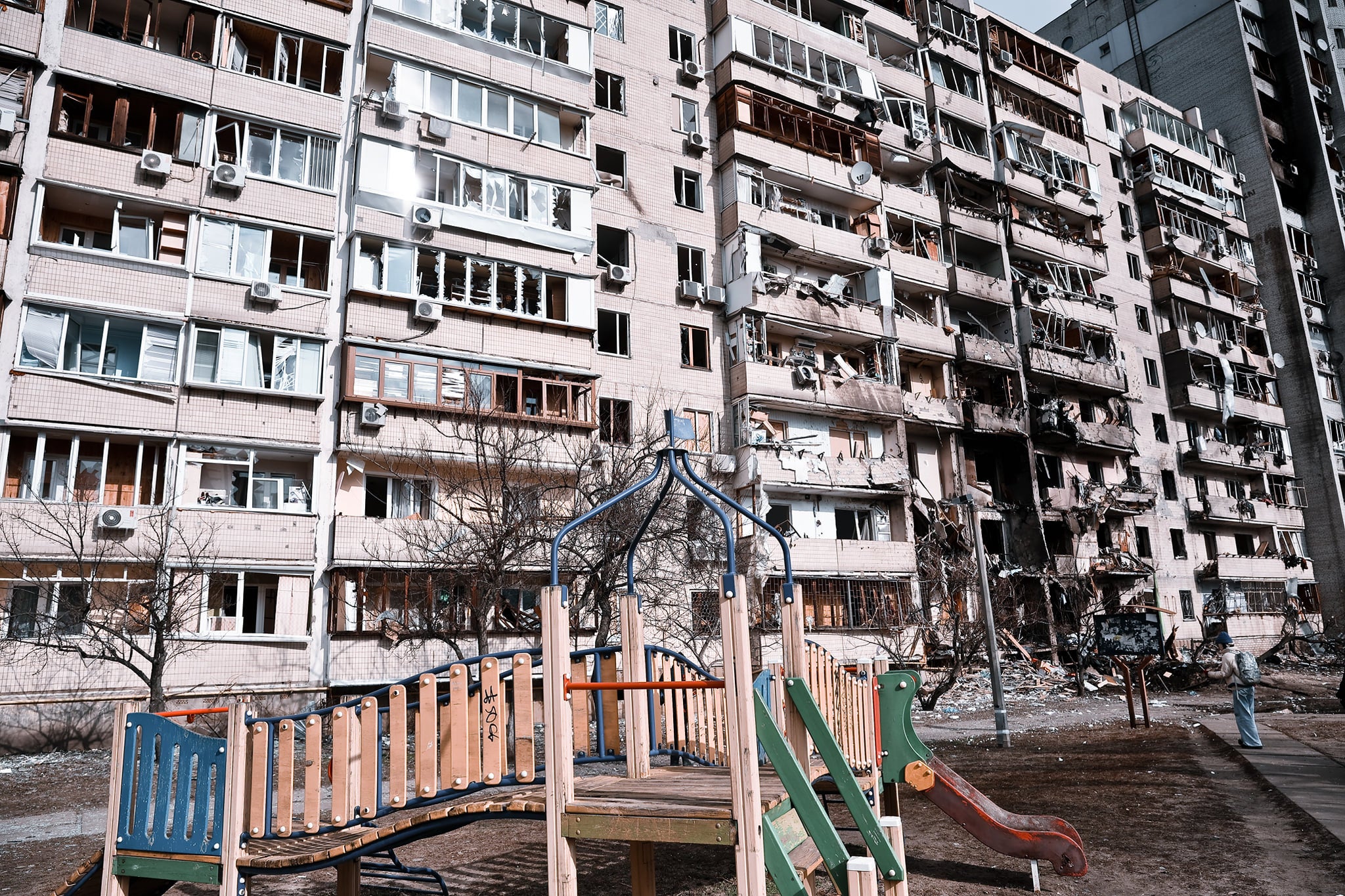 Damage to property in Kyiv caused by an explosion during Russia’s invasion (Maia Mikhaluk/PA)