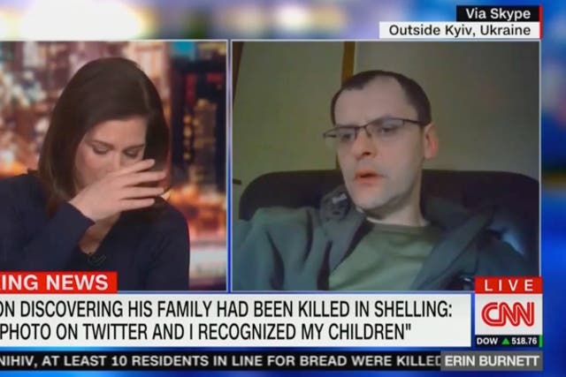 <p>Erin Burnett de CNN rompe en llanto al hablar con Serhiy Perebyinis sobre la muerte de su familia</p>