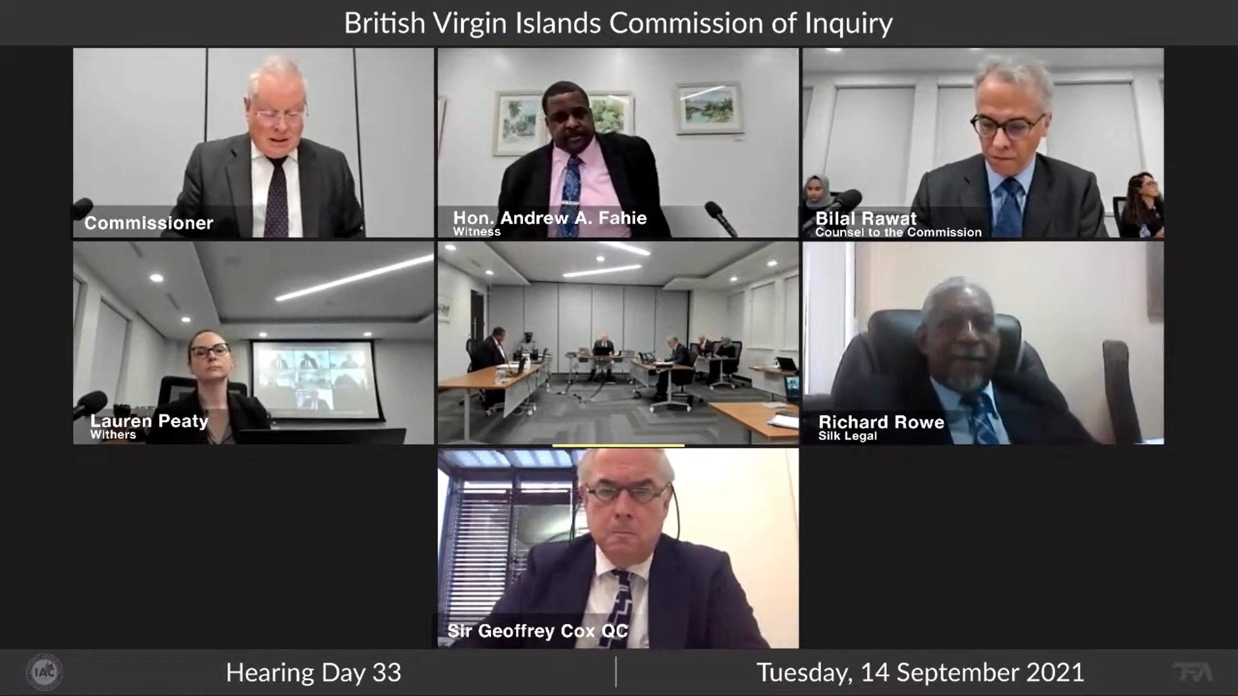 Conservative MP Sir Geoffrey Cox attending the British Virgin Islands Commission of Inquiry, where he was representing BVI Government ministers, remotely on September 14 (BVI Commission of Inquiry/PA)