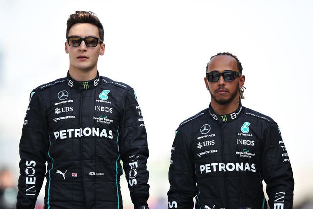 <p>George Russell (left) believes that Lewis Hamilton will soon be back to top form </p>