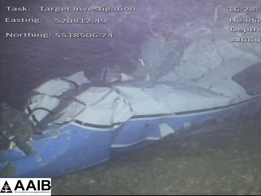 Image from video issued by the Air Accidents Investigation Branch showing the wreckage of the plane