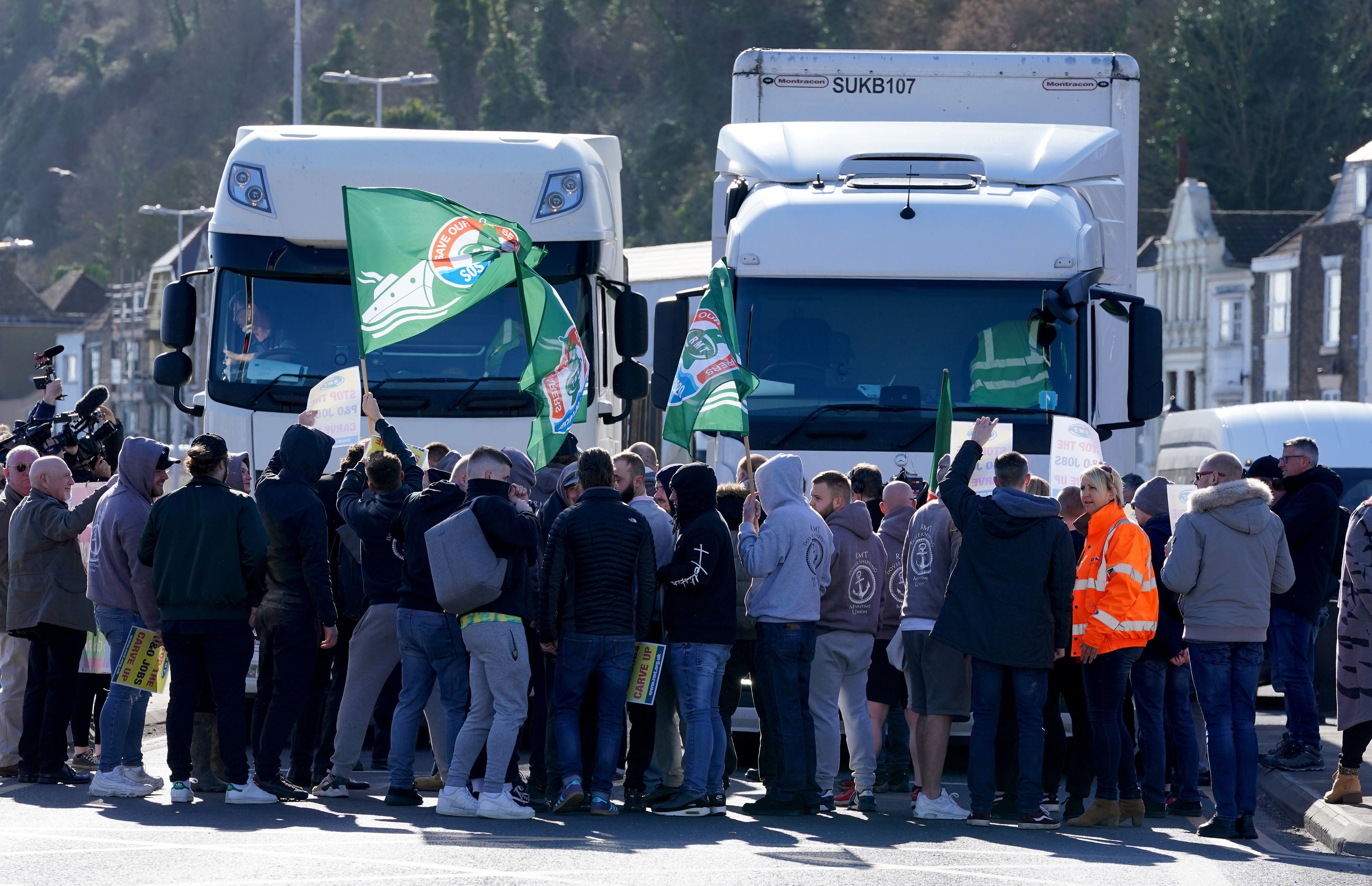 Former P&O staff and RMT members block the road leading to the Port of Dover