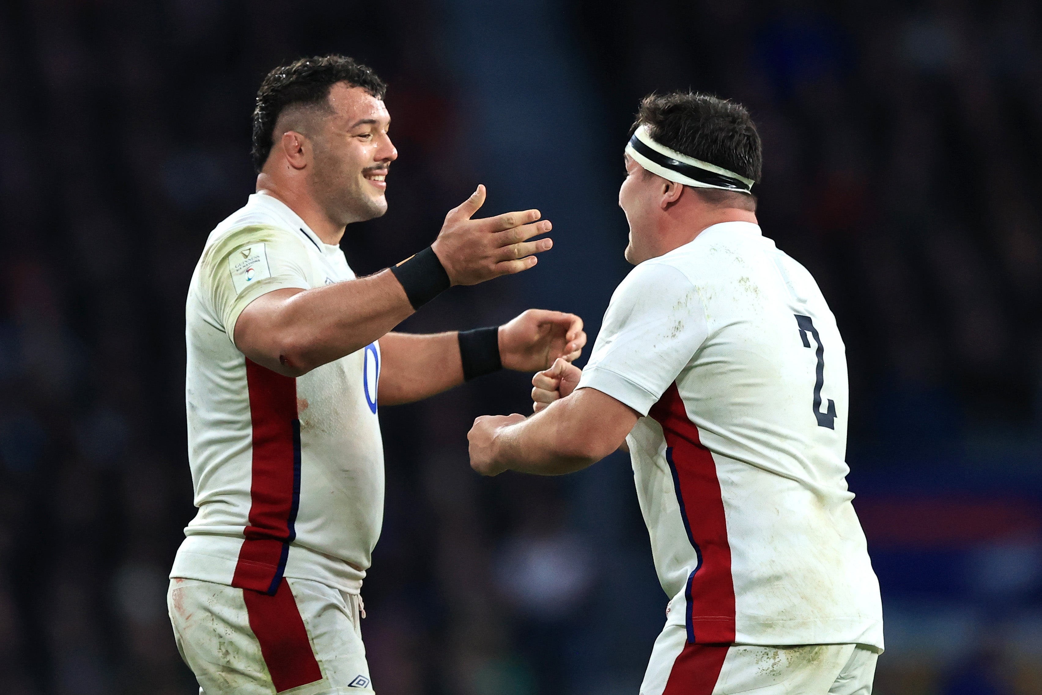 Ellis Genge (left) embraces Jamie George after forcing a penalty against Ireland at Twickenham