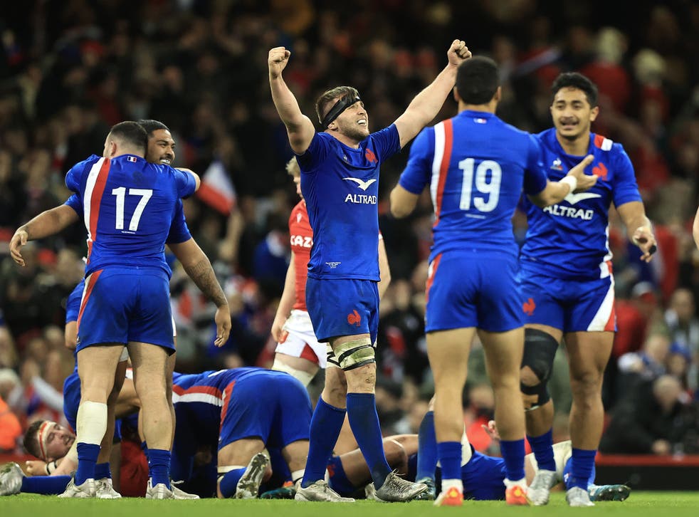 <p>France celebrate at full time following their Six Nations win in Cardiff </p>