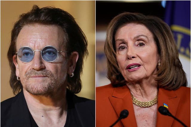 <p>Bono and Nancy Pelosi</p>