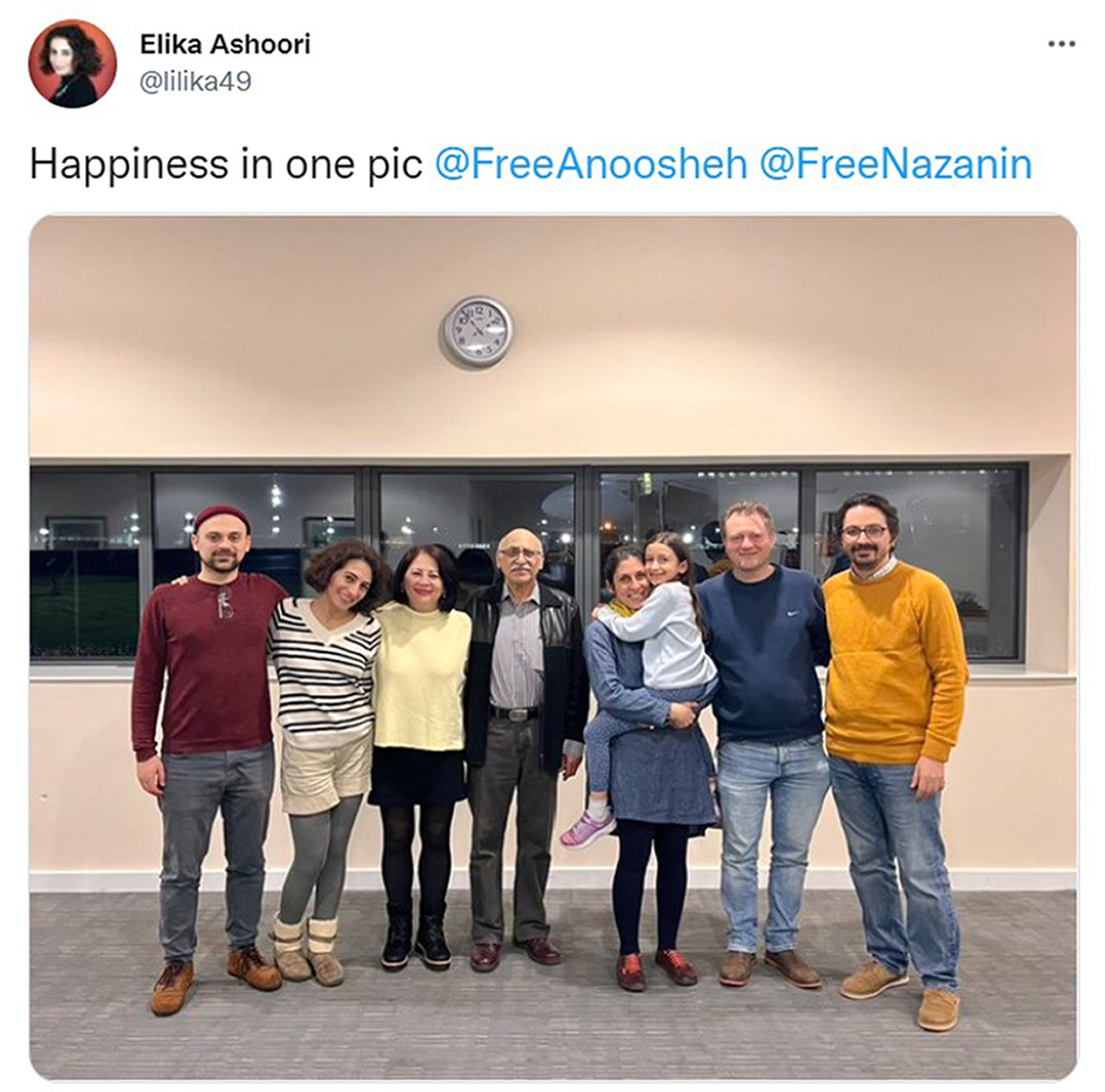 Screengrab of a tweet posted by Elika Ashoori of her father and Ms Zaghari-Ratcliffe reunited with their families at RAF Brize Norton