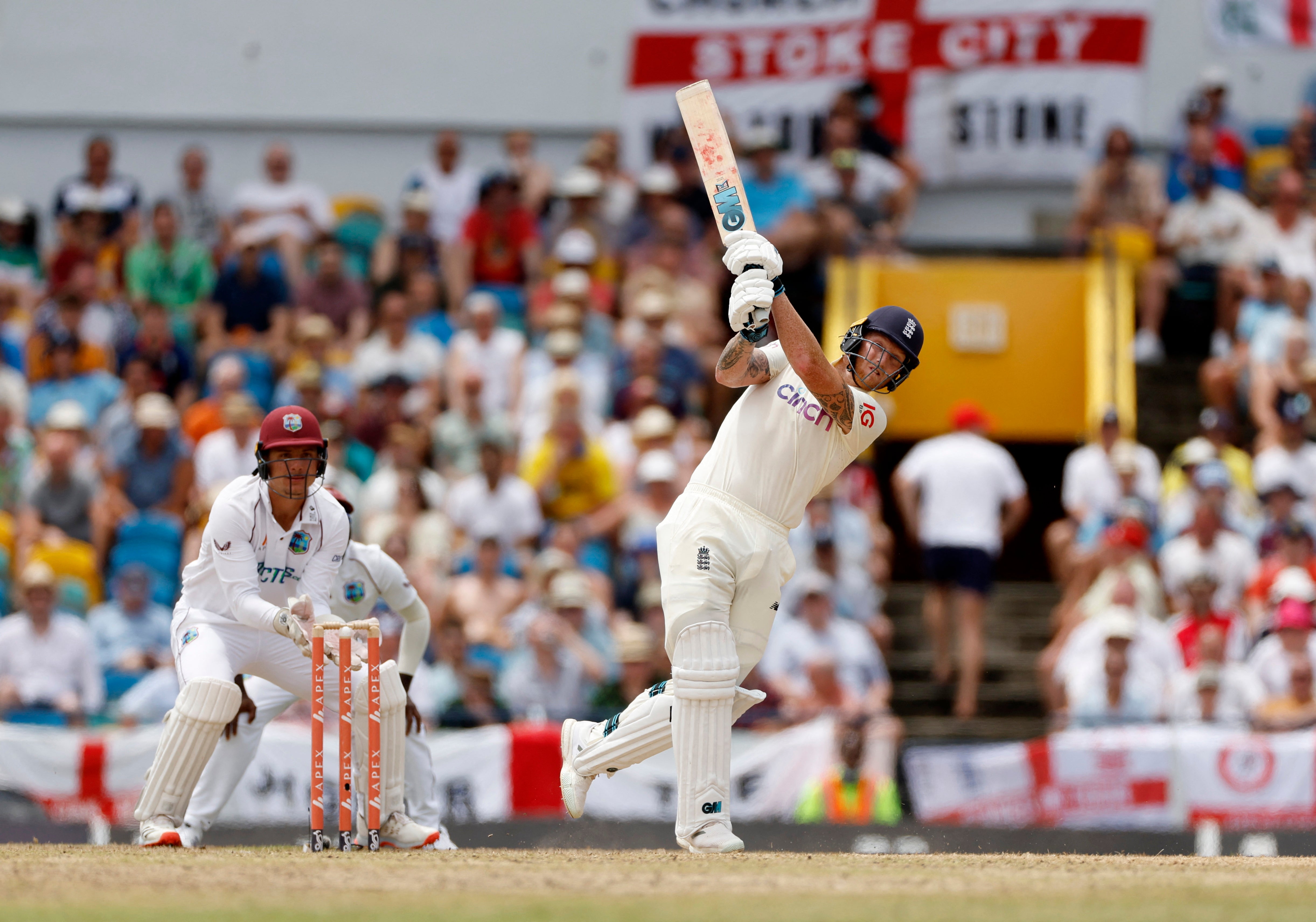 Ben Stokes hits a six off the bowling of Veerasammy Permaul