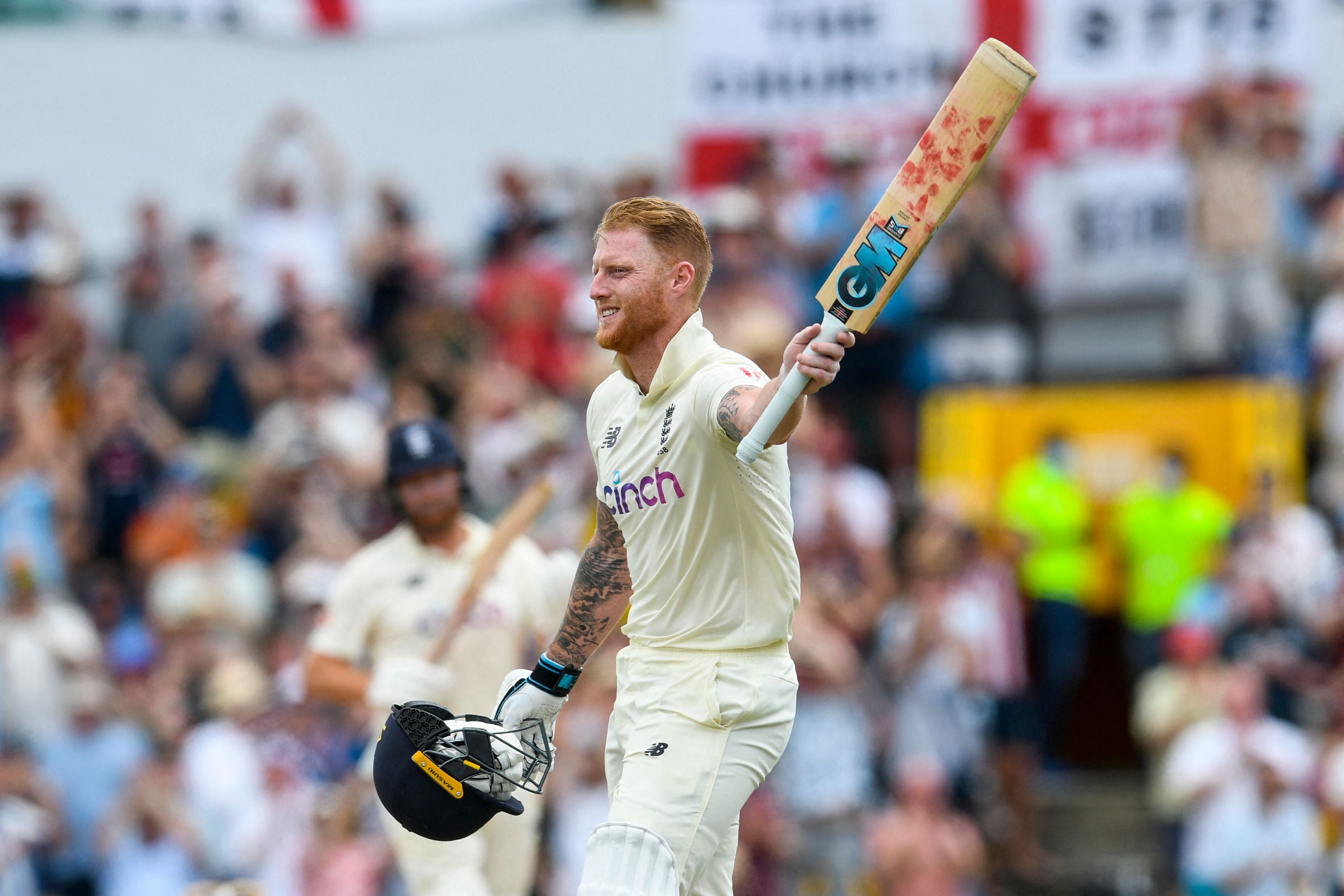 Ben Stokes celebrates his century during the 2nd day of the 2nd Test between West Indies and England