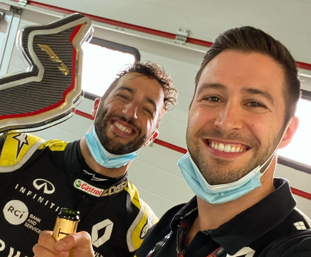 <p>Trainer Michael Italiano (right) plays a key role in Daniel Ricciardo’s F1 success</p>