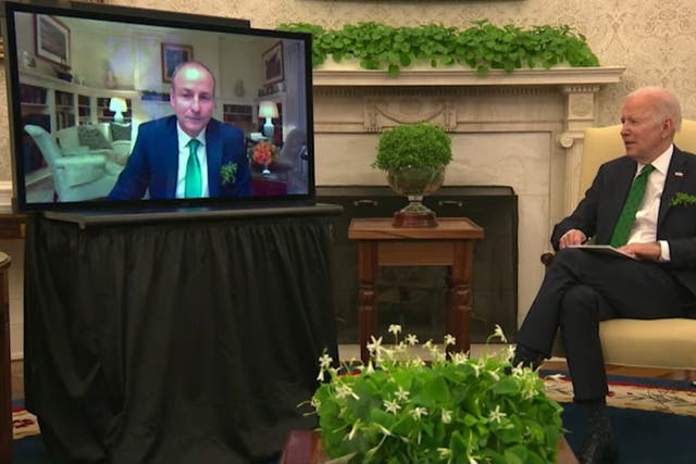 The virtual bilateral meeting between Taoiseach Micheal Martin and US President Joe Biden (White House/PA)