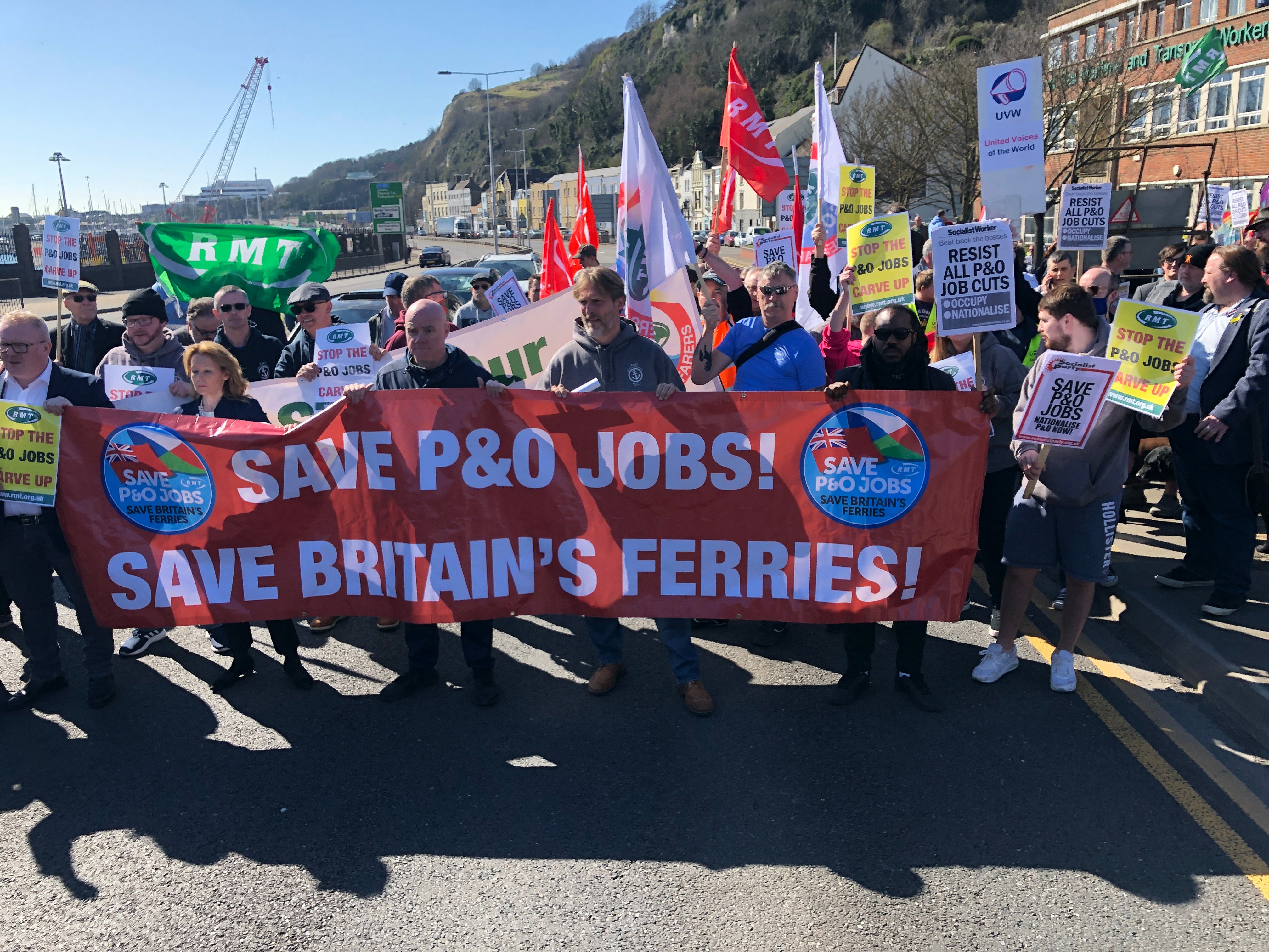 <p>Action plan: the march by members of the RMT union and supporters in Dover</p>