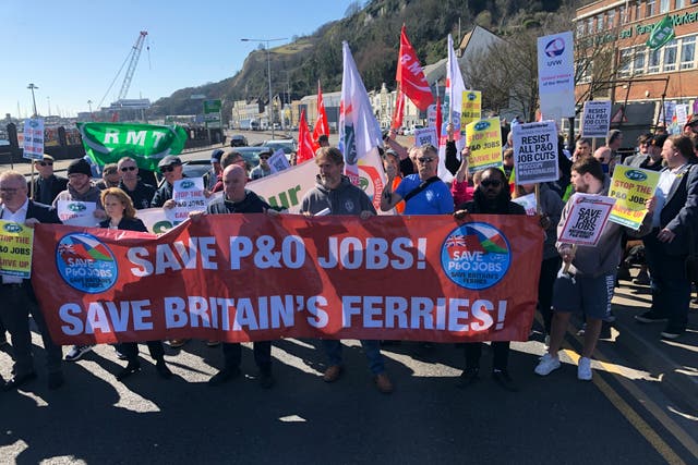 <p>Action plan: the march by members of the RMT union and supporters in Dover</p>