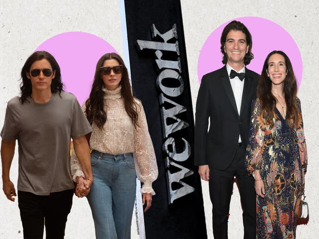 <p>Jared Leto and Anne Hathaway in ‘WeCrashed’, left, and WeWork co-founder and CEO Adam and Rebekah Neumann, right </p>
