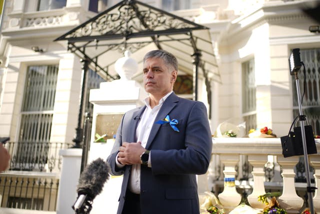 Ambassador of Ukraine to the UK, Vadym Prystaiko speaking to the media outside the Ukrainian embassy in London (Yui Mok/PA)