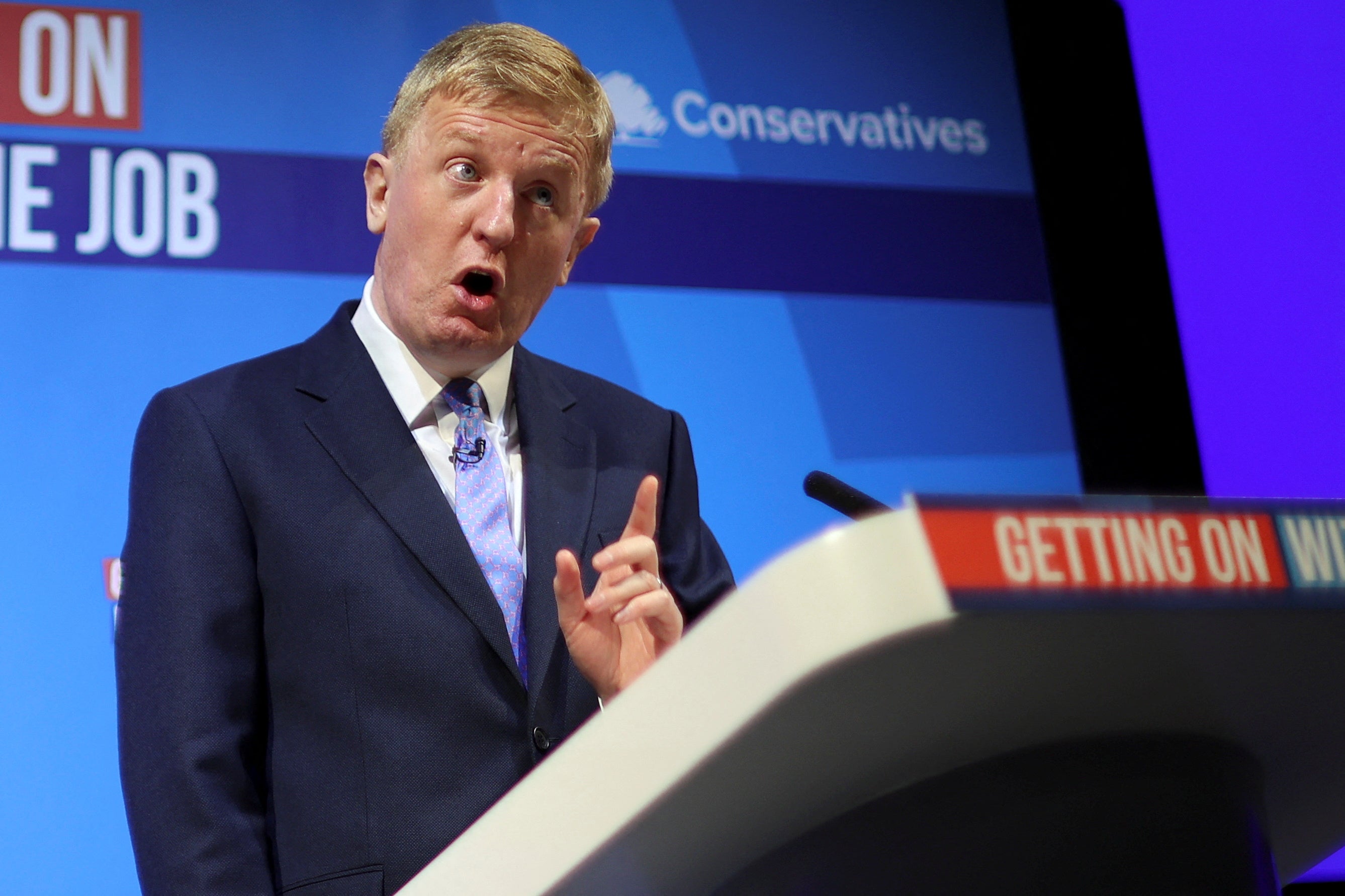 British Minister without Portfolio and Conservative Party Co-Chairman Oliver Dowden speaks at the Conservative Party Spring Conference in Blackpool