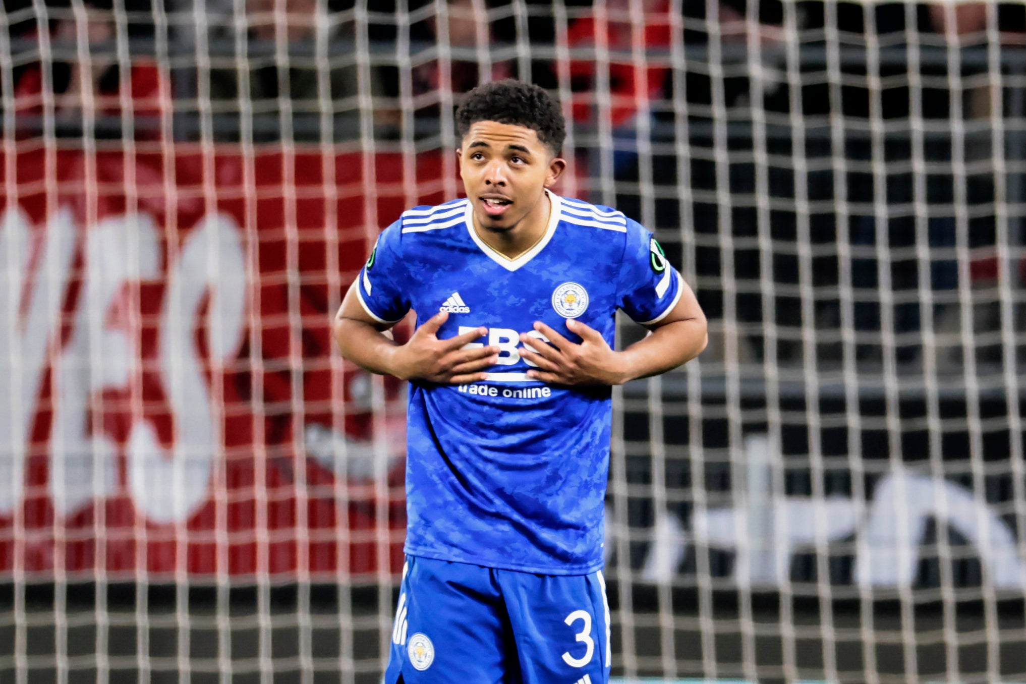 Wesley Fofana celebrates after scoring during Leicester’s Europa League last-16 second leg at Rennes (Jeremias Gonzalez/AP).