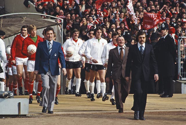 <p>Brian Clough and Bob Paisley lead out their teams ahead of the 1978 League Cup final  </p>