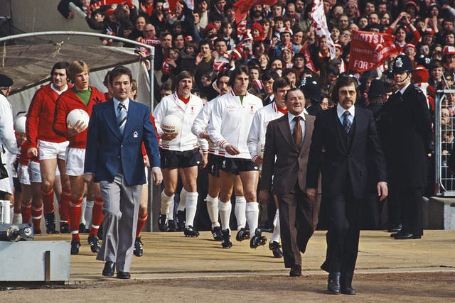 <p>Brian Clough and Bob Paisley lead out their teams ahead of the 1978 League Cup final  </p>