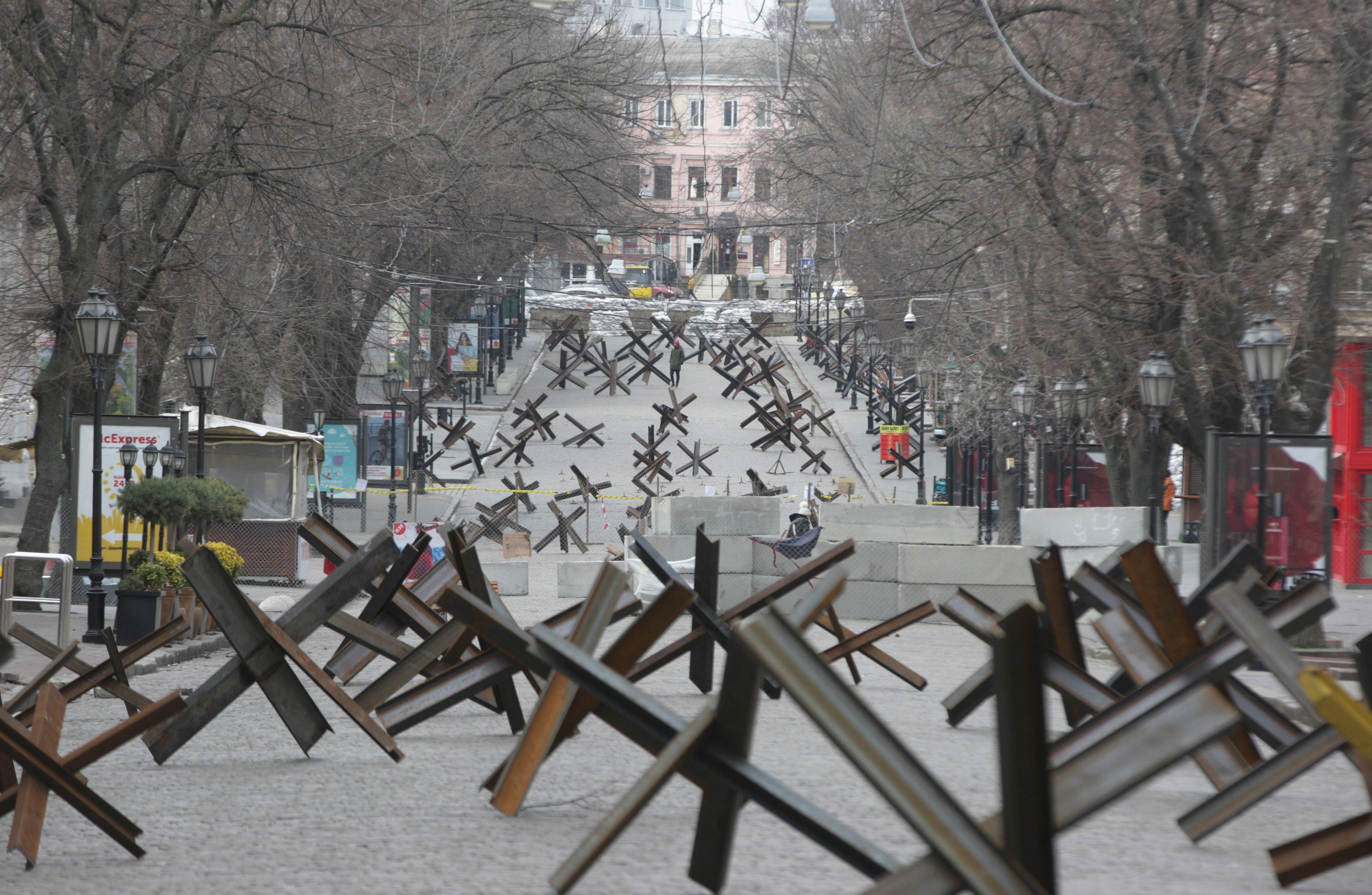 A barricaded street in the south Ukrainian city of Odesa on Friday