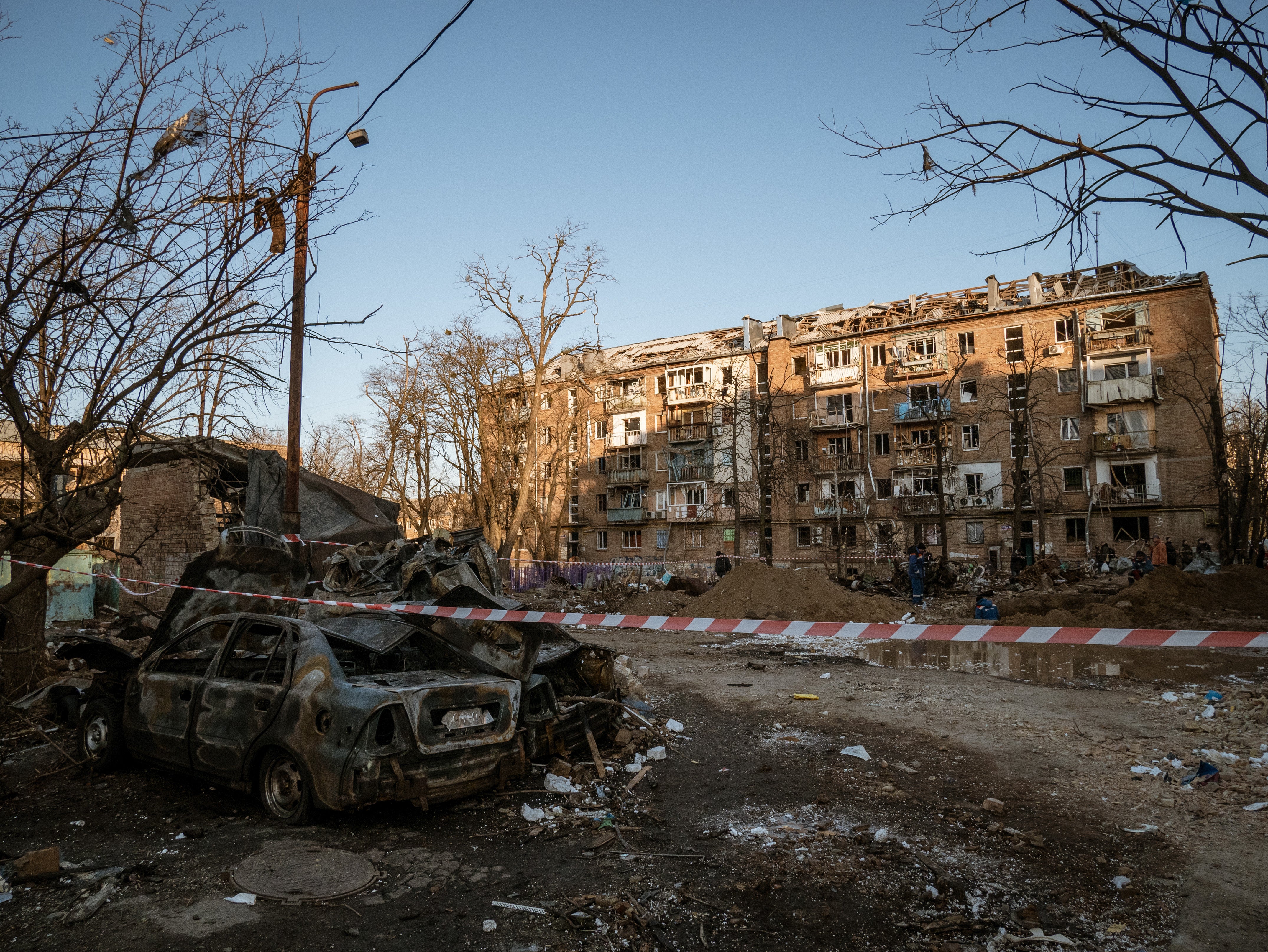 Several buildings are destroyed by fragments of a Russian missile in Kyiv