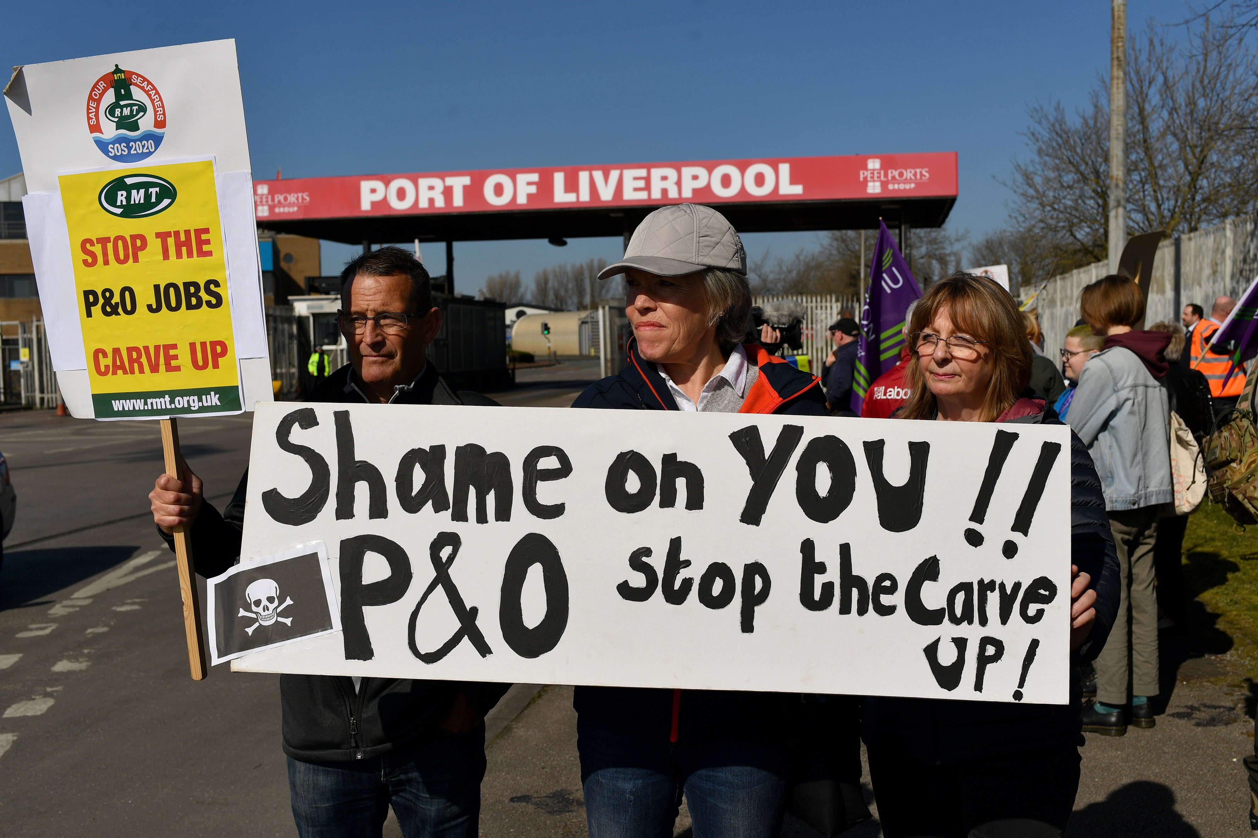 Demonstrators gathered outside the entrance to the Port of Liverpool on Friday