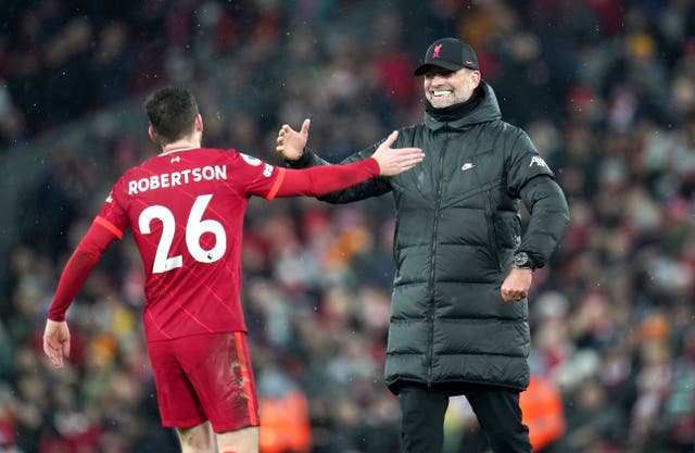 Liverpool manager Jurgen Klopp has praised left-back Andy Robertson (Nick Potts/PA)