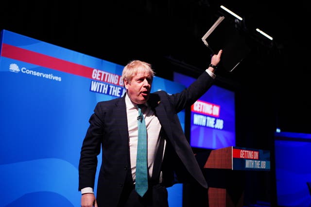 Prime Minister Boris Johnson acknowledges his supporters after speaking at the Conservative Party spring forum in Blackpool (Peter Byrne/PA)