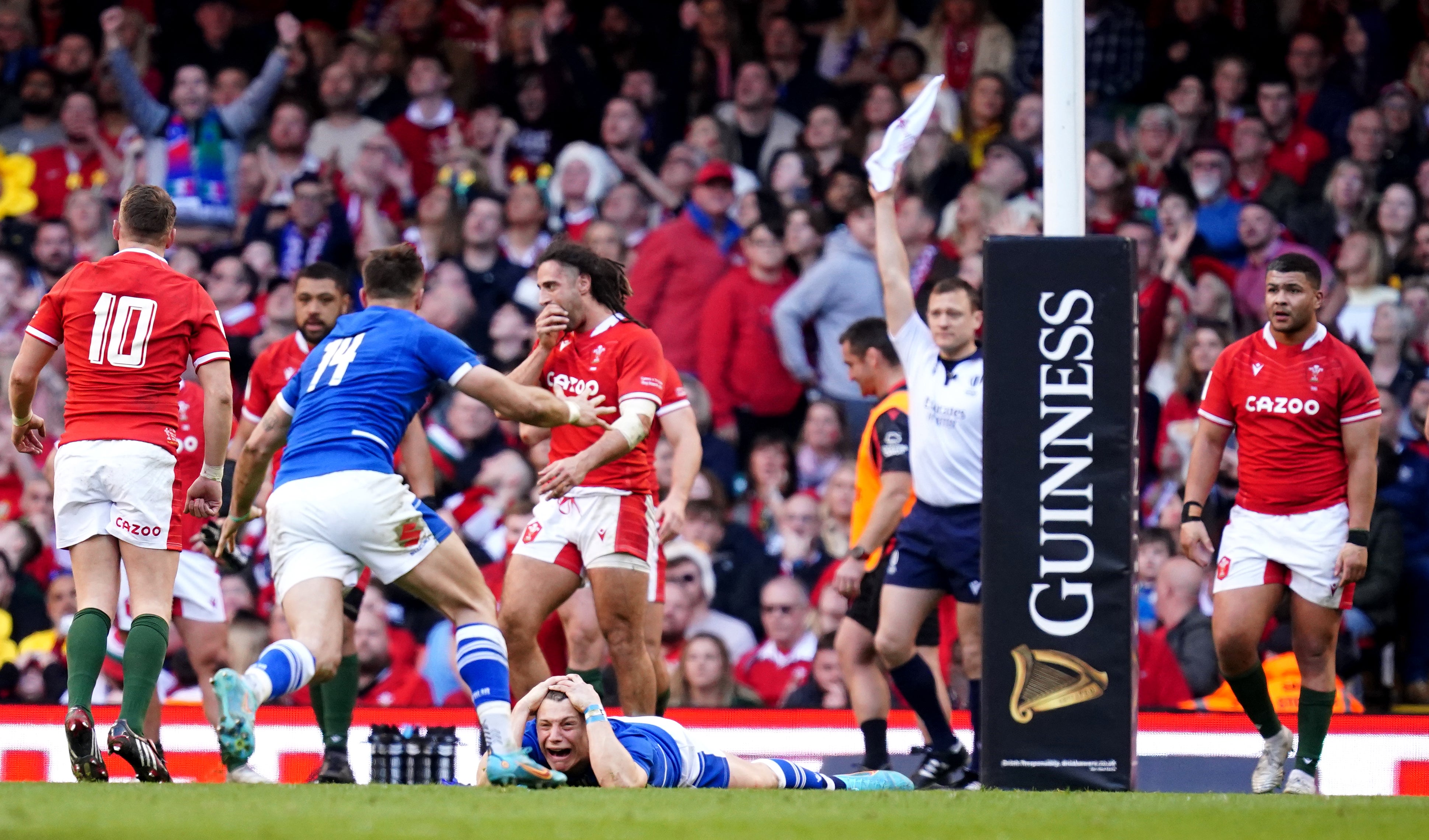 Italy’s Paolo Garbisi celebrates after kicking the winning conversion (David Davies/PA)