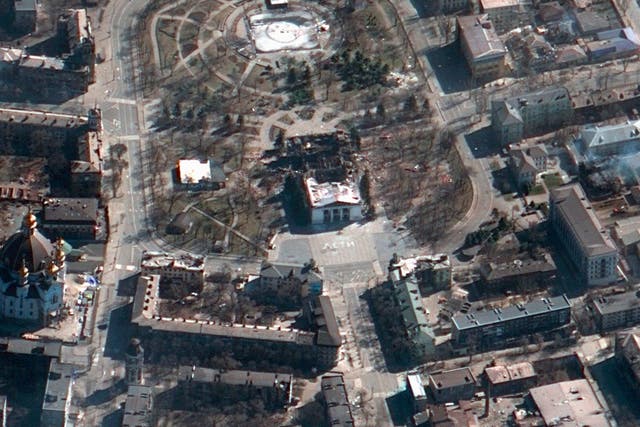 <p>A satellite image on Saturday shows the aftermath of the airstrike on the Mariupol Drama theater, Ukraine</p>