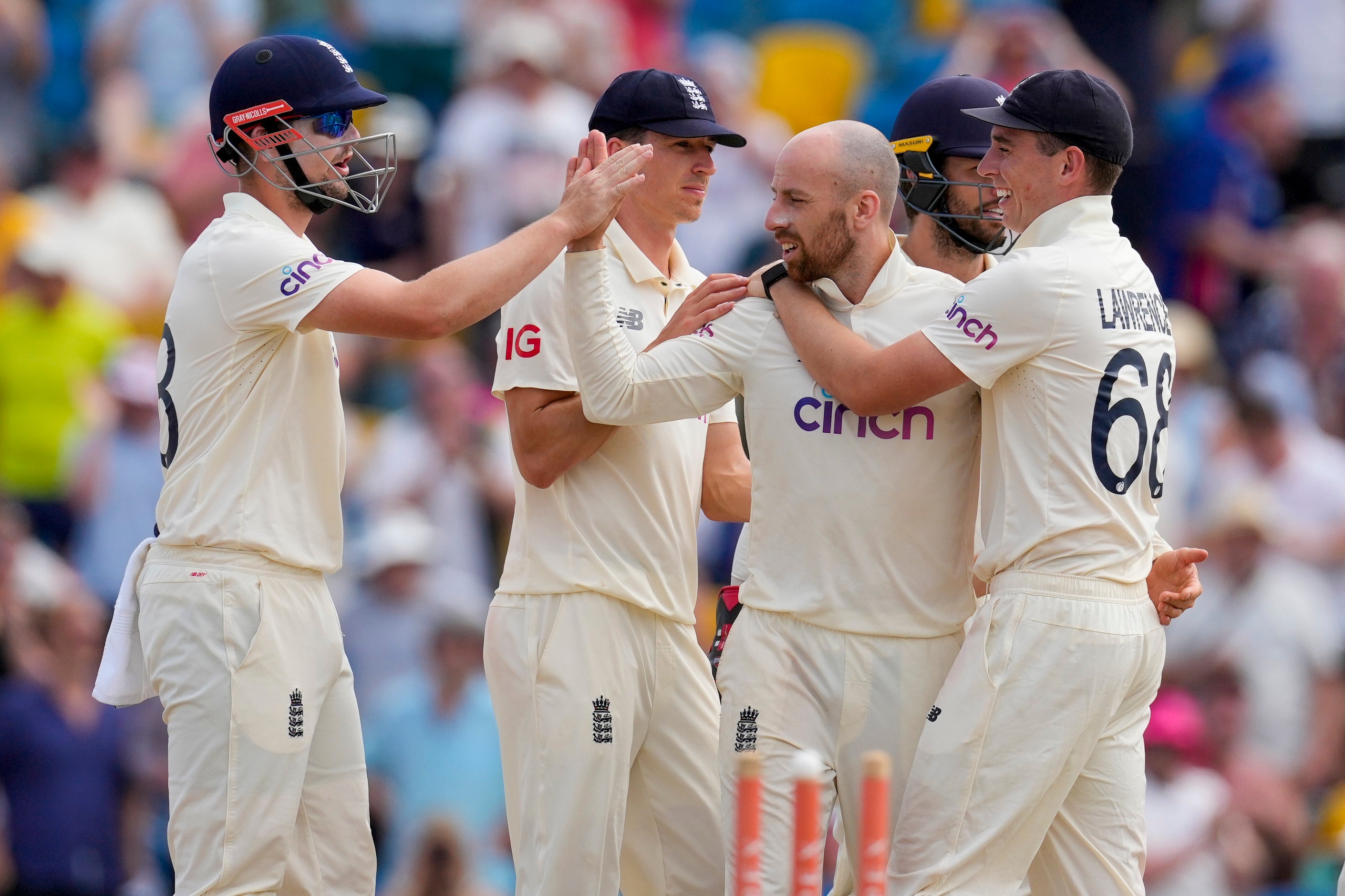 Jack Leach eventually earned some reward after toiling away for 69.5 overs in West Indies’ first innings