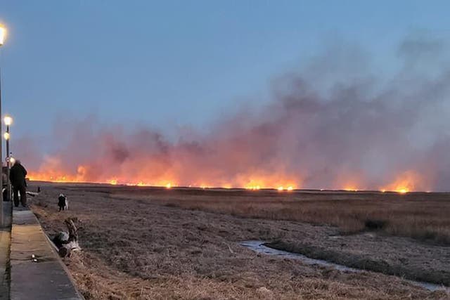 Firefighters last night tackled a blaze thought to have been started deliberately on marshland on the Wirral (Andy Parry/PA)