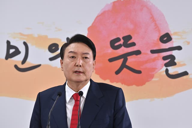 <p>President-elect Yoon Suk-yeol speaks during a press conference on March 20, 2022 in Seoul, South Korea.</p>