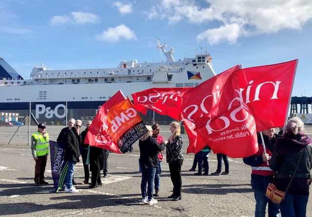 <p>Sacked P&O staff protest at Larne Port in Northern Ireland on Friday </p>