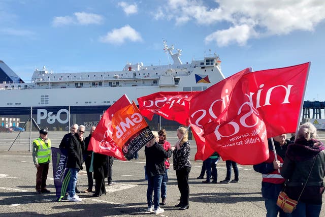 <p>Sacked P&O staff protest at Larne Port in Northern Ireland on Friday </p>