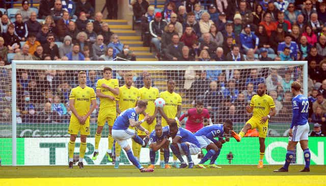 <p>James Maddison scores Leicester’s second goal direct from a free kick </p>
