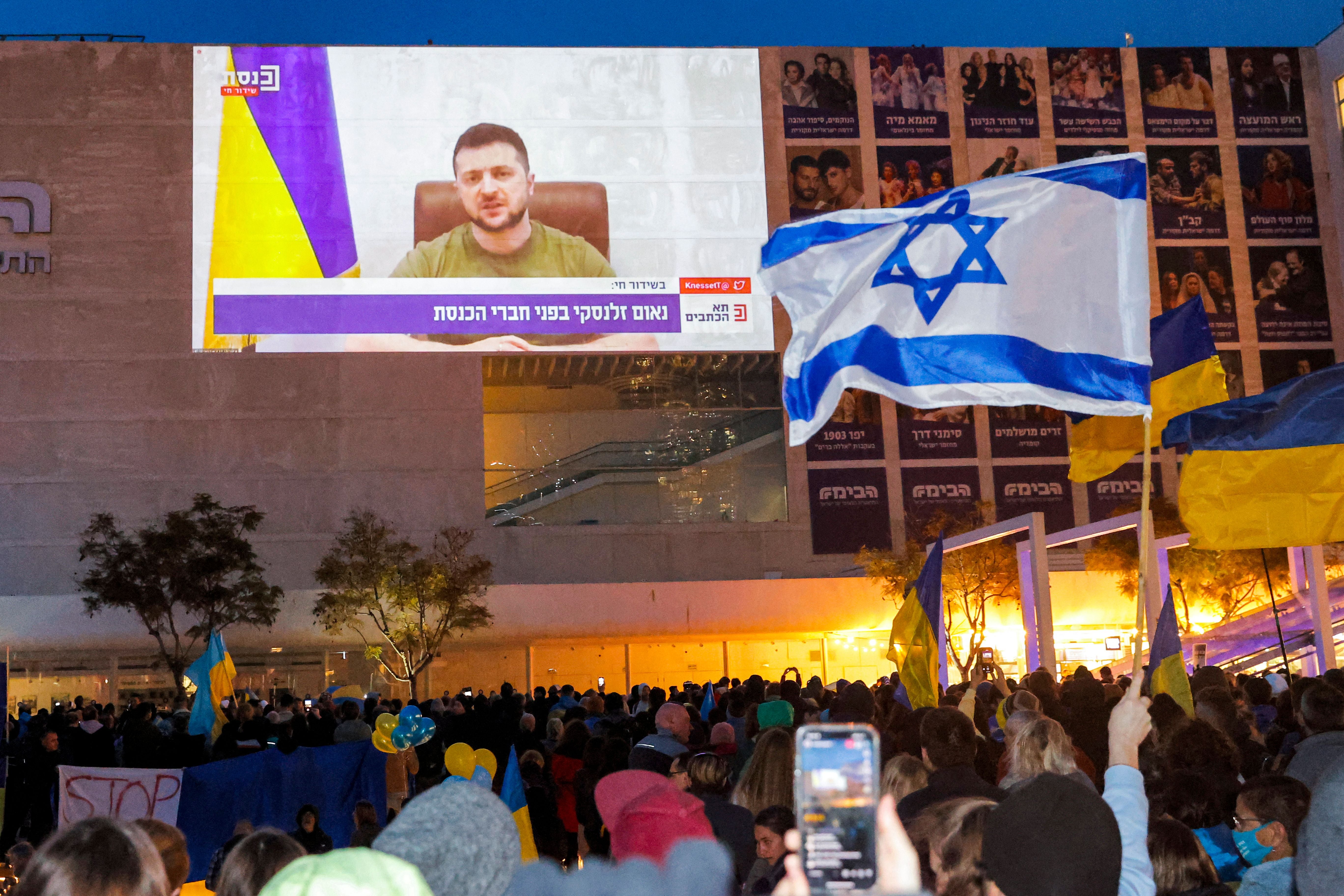 Demonstrators gather in Tel Aviv for a televised video address by Ukraine’s president Volodymyr Zelensky