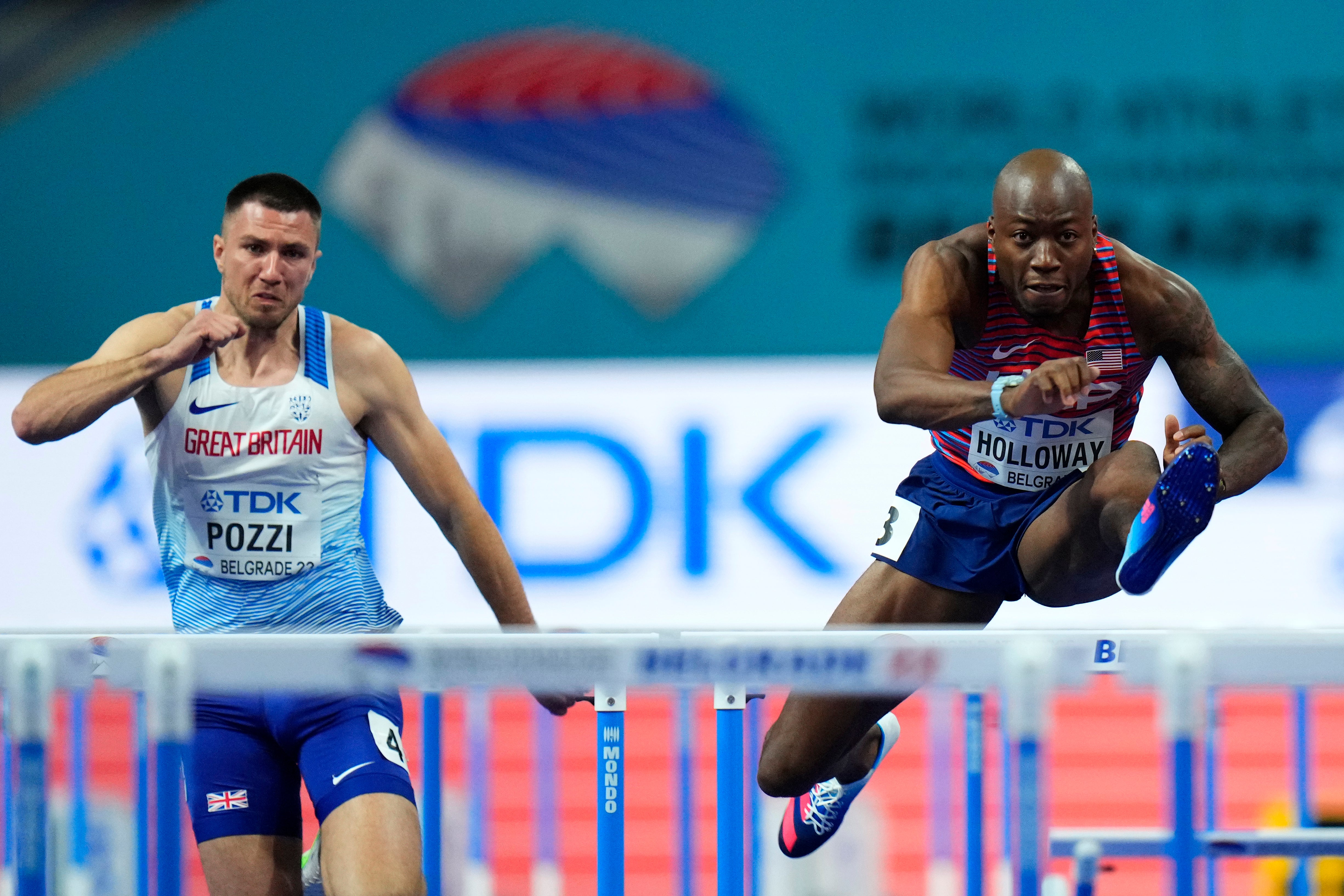 Andrew Pozzi, left, could not compete with eventual champion Grant Holloway, right (Petr David Josek/AP)