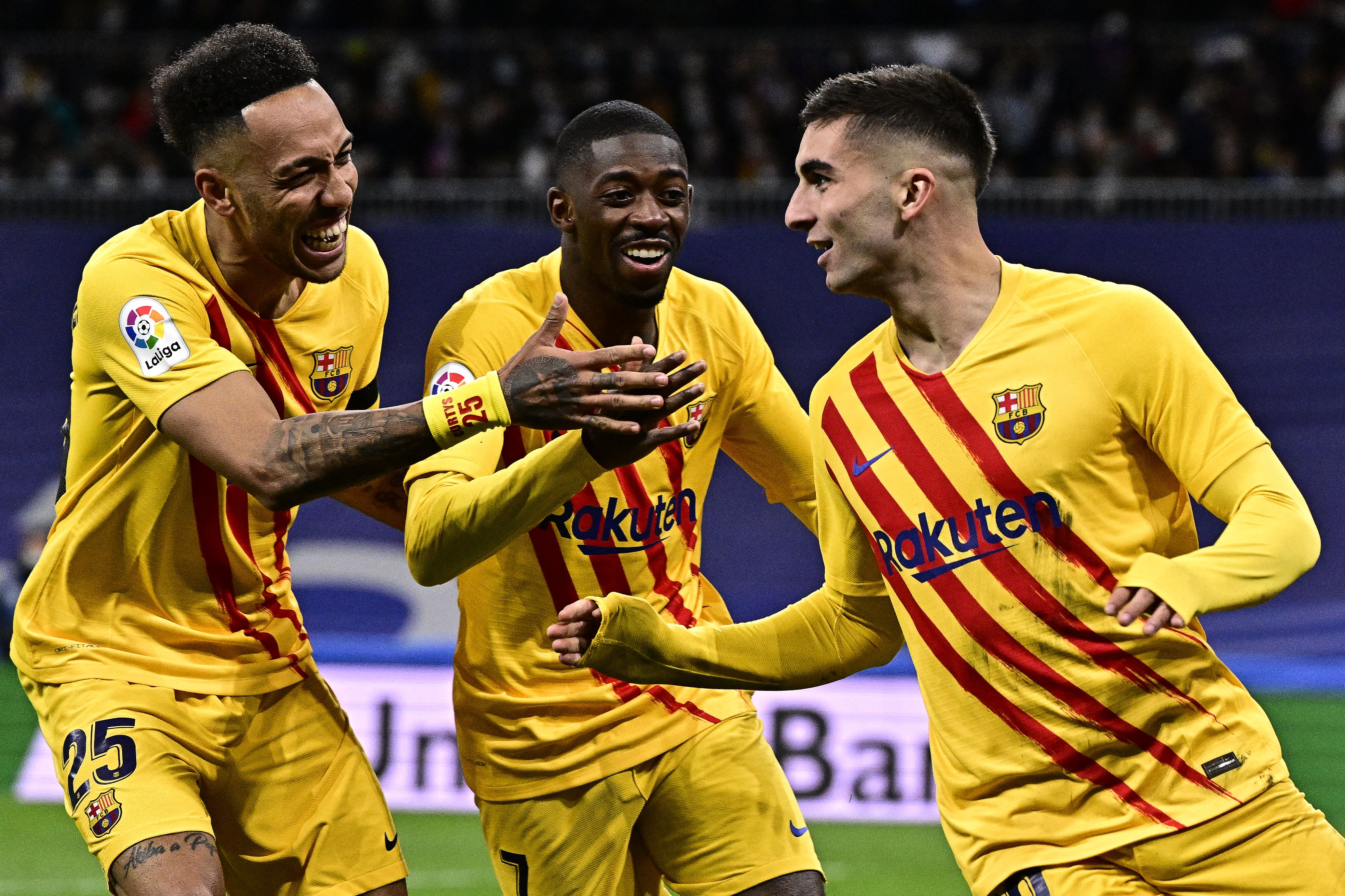 Aubameyang, Dembele and Torres celebrate Barca’s third goal