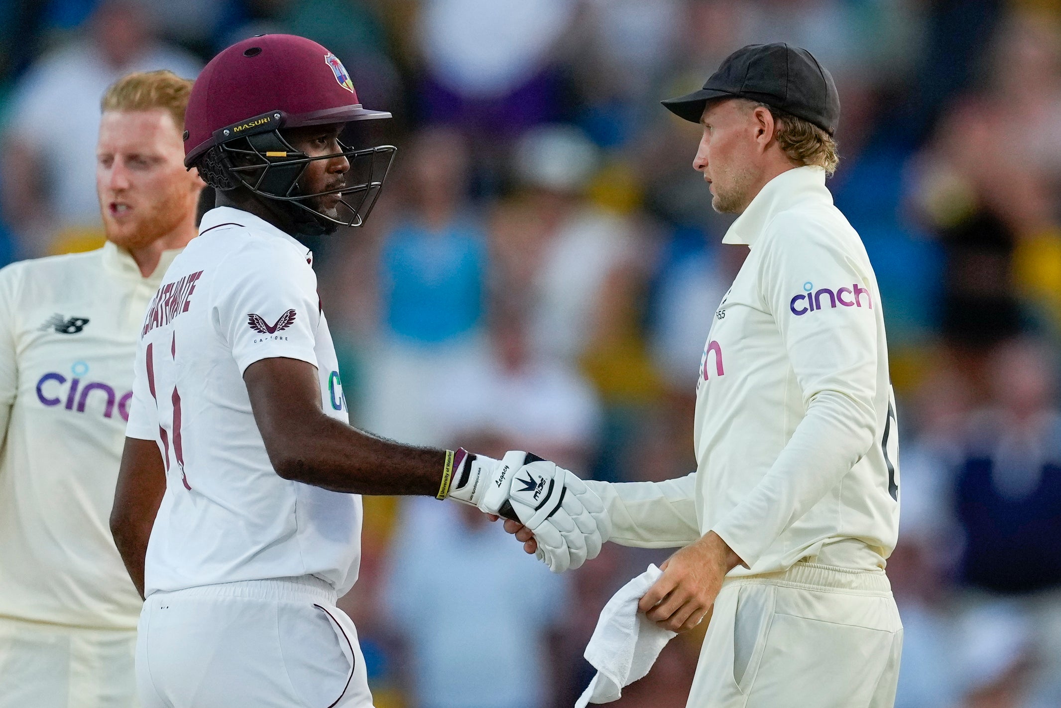 England captain Joe Root, shakes hands with Kraigg Brathwaite at the end of day five of the second Test (Ricardo Mazalan/AP).