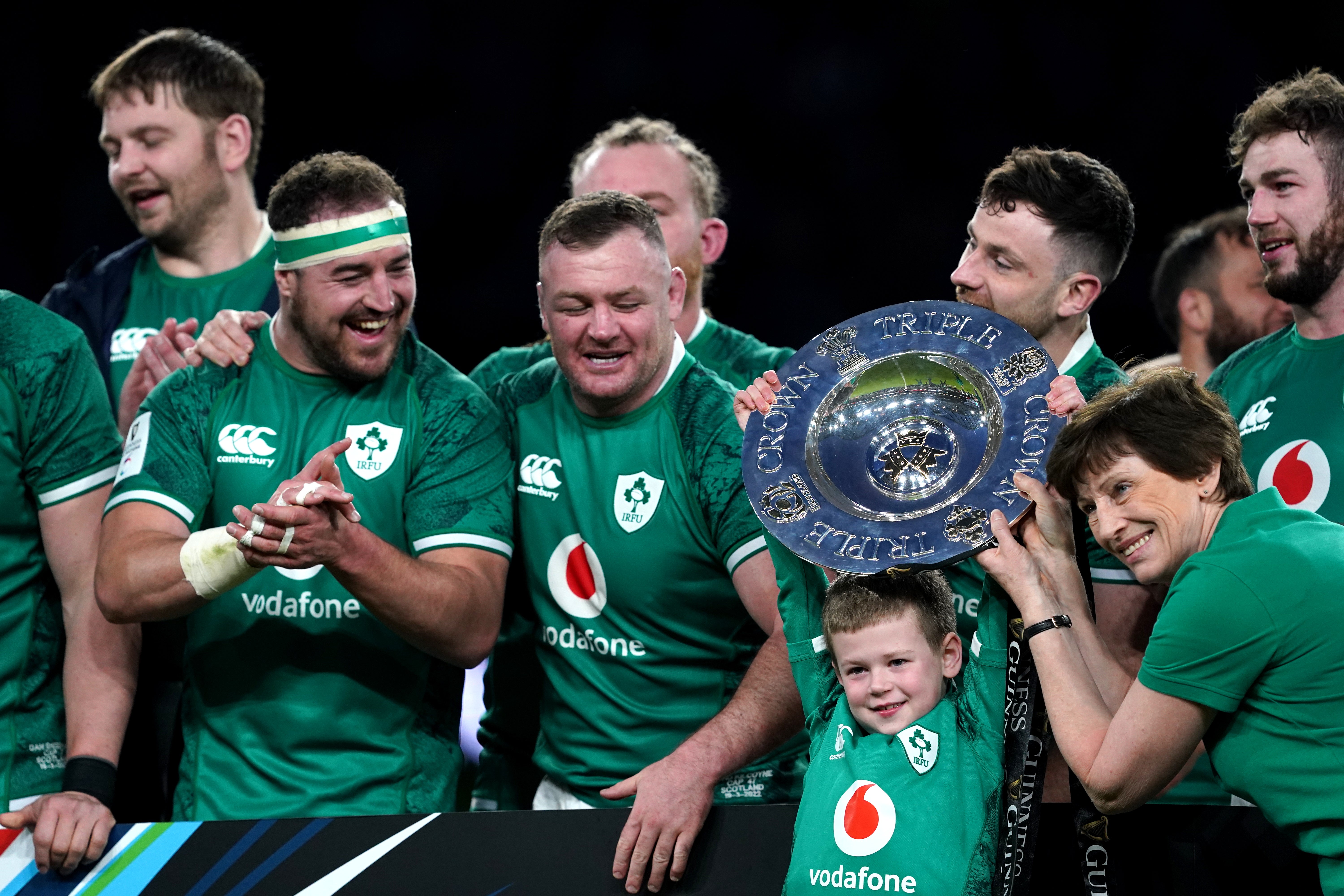 Ireland’s Jonathan Sexton’s son Luca lifted the Triple Crown trophy (Brian Lawless/PA)