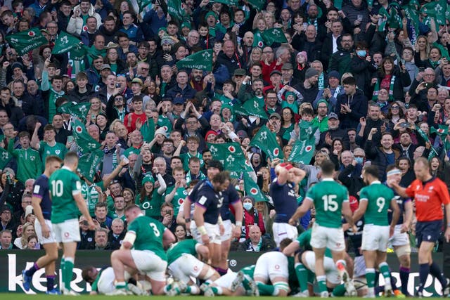 Ireland fans in the stands celebrate (Brian Lawless/PA)