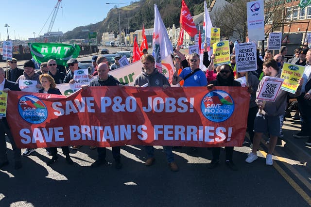 <p>Port leave: the RMT union march at Dover on Friday </p>