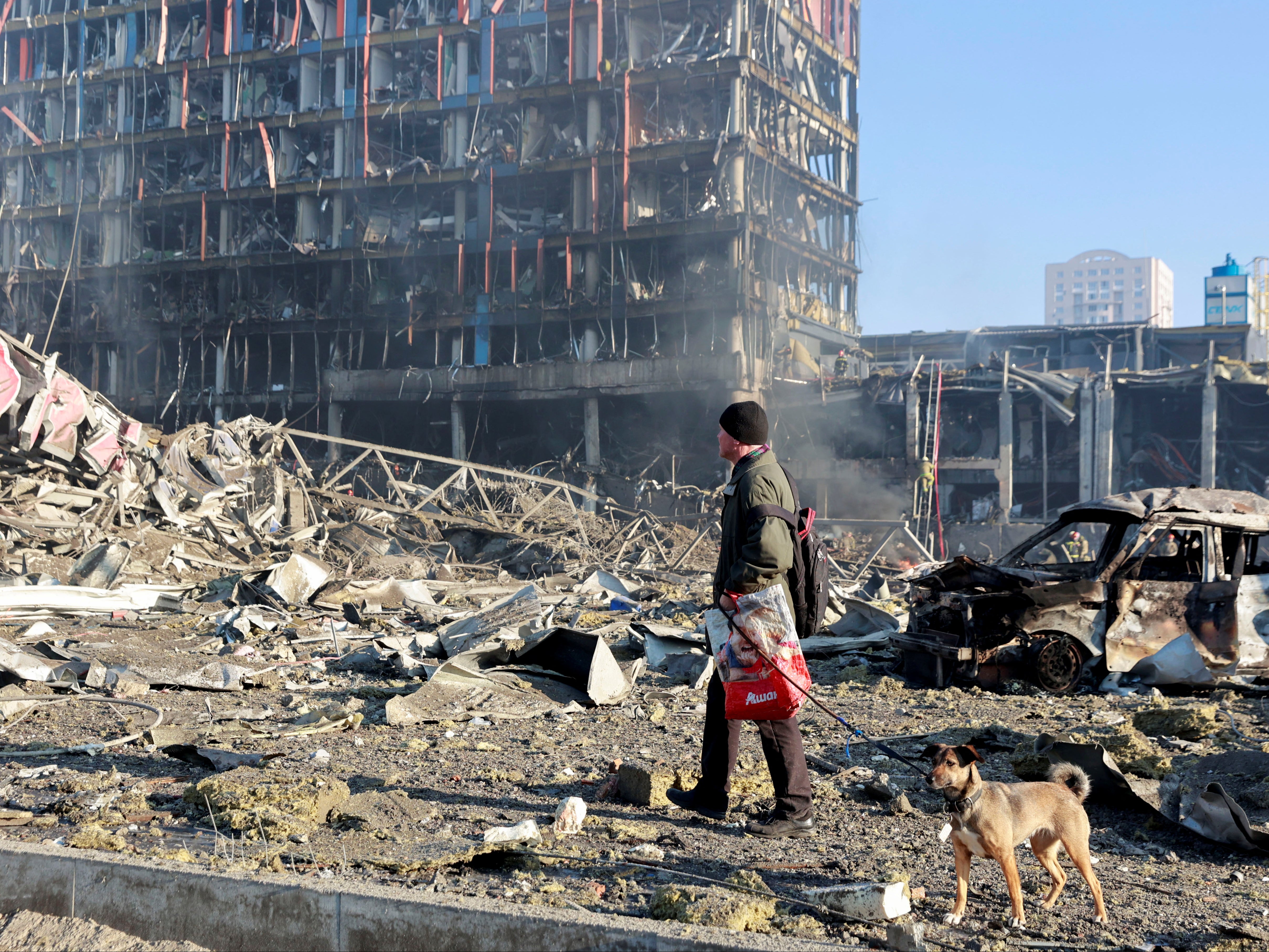 A man walks with a dog at the site of a shelling of a shopping centre in Kyiv