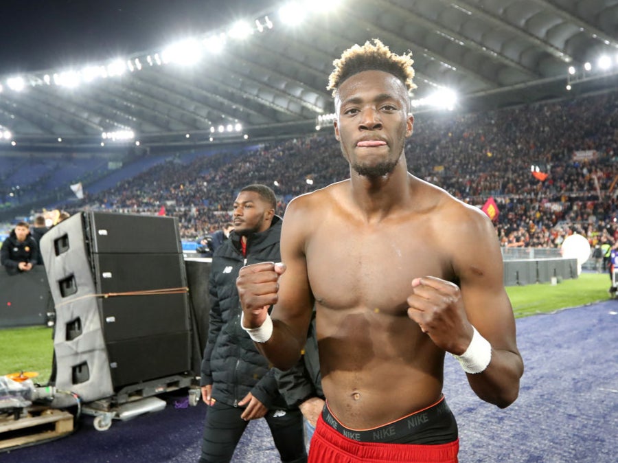 Tammy Abraham celebrates after scoring twice in the Rome derby