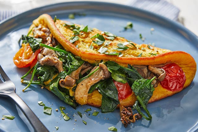<p>A vegan omelette comes together more like a savoury pancake, with a batter that also includes a little baking soda (boosted by vinegar) for lift and turmeric and nutritional yeast for color and earthy, nutty flavour</p>