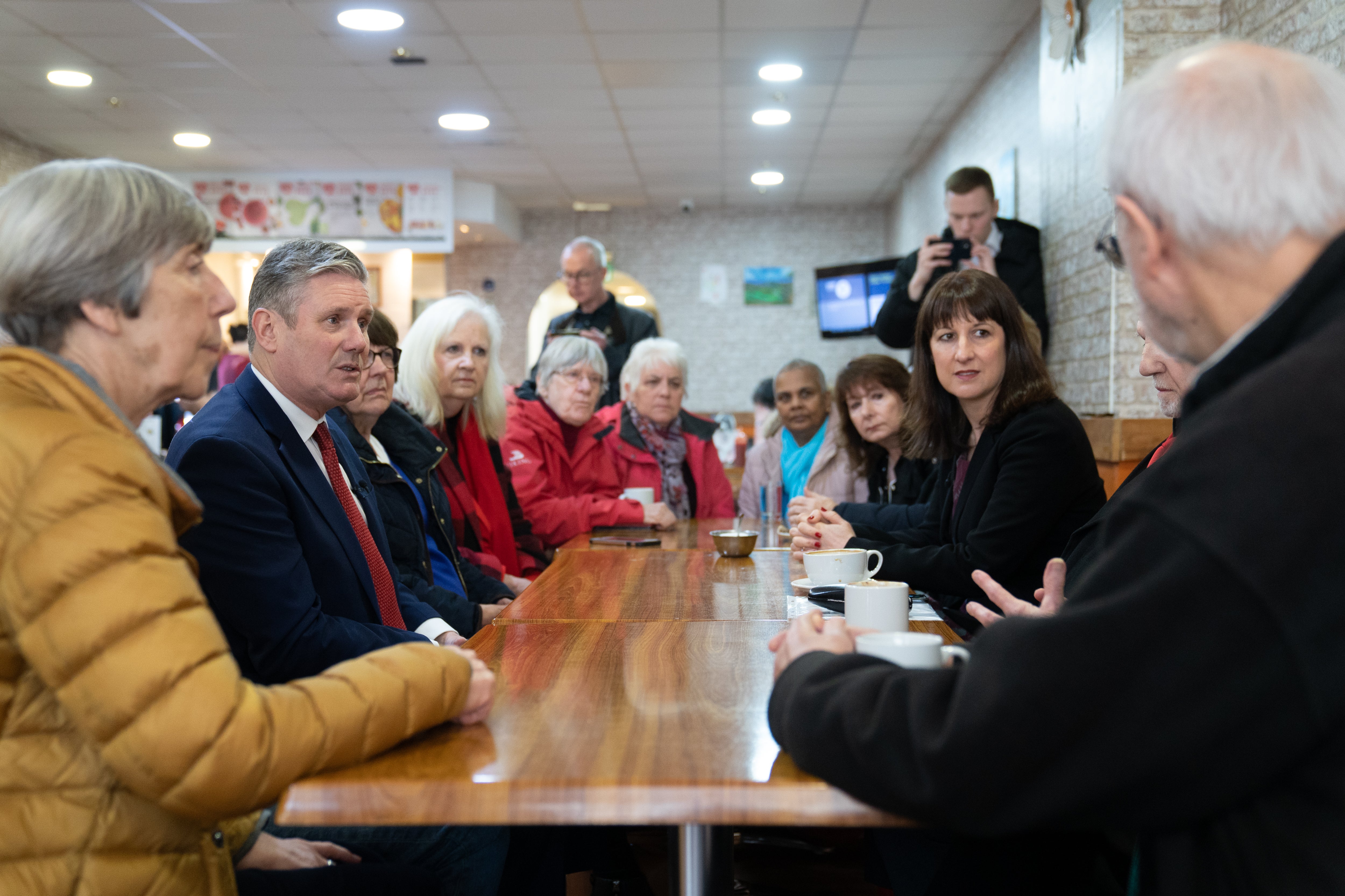 Labour Party leader Sir Keir Starmer and shadow chancellor Rachel Reeves meeting pensioners in Stevenage to talk about the rising cost of living and the impact it is having on those with fixed incomes (Joe Giddens/PA)