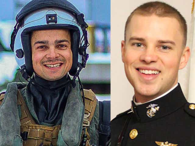 <p>Capt Ross A Reynolds (left) and Capt Matthew J Tomkiewicz (right) were among four US Marines who died when their tilt-rotor aircraft crashed during a training flight in Norway on Friday</p>