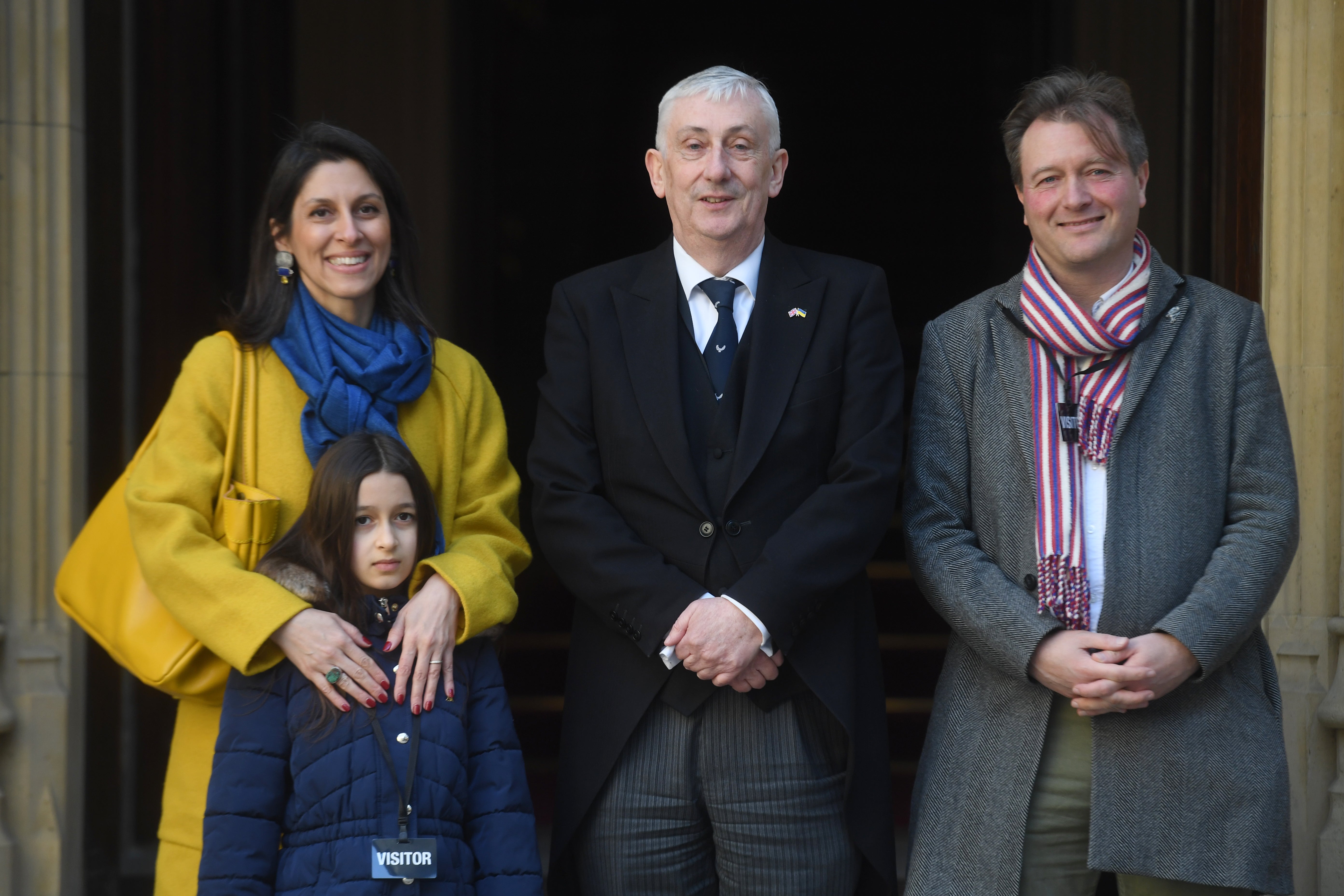Nazanin Zaghari-Ratcliffe, Richard Ratcliffe and their daughter Gabriella with Commons Speaker Sir Lindsay Hoyle, centre, at the Palace of Westminster (UK Parliament/Jessica Taylor)