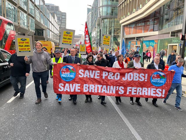 <p>London calling: union leaders and crew of P&O Ferries on a protest march through the capital</p>